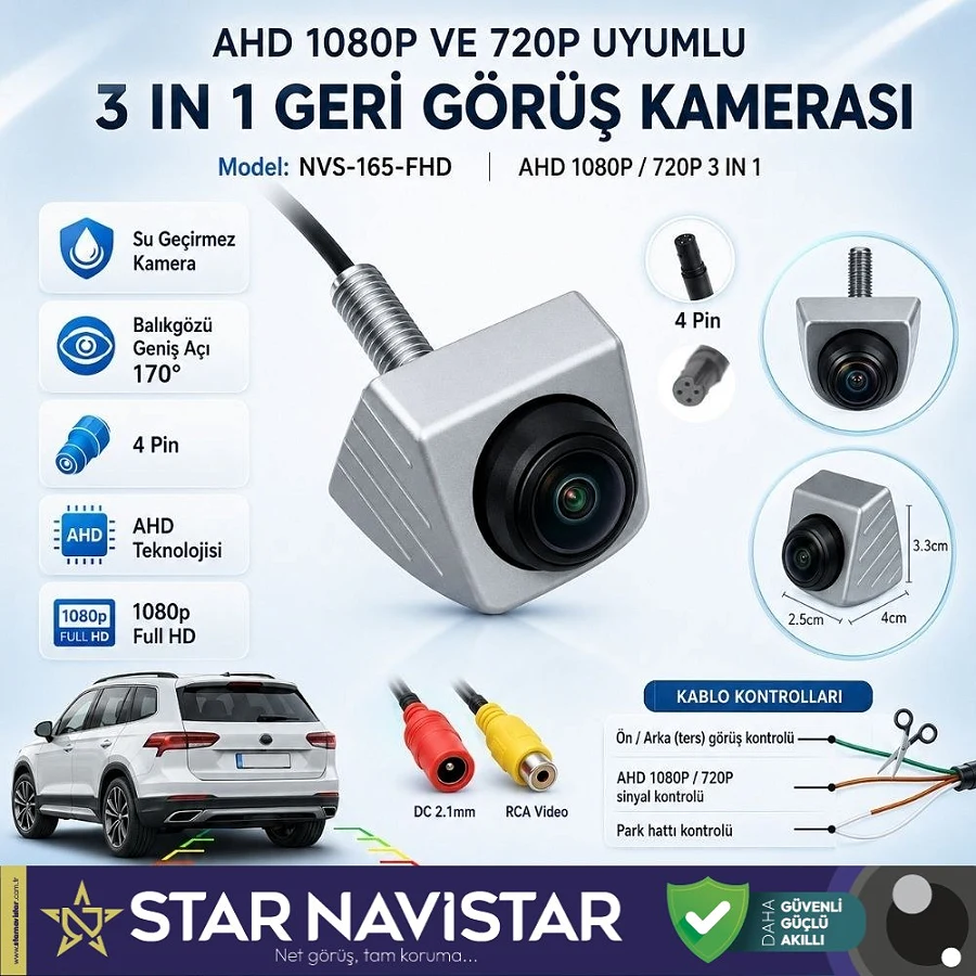 Ayarlanabilir Başlıklı AHD 1080P ve 720P Çevrilebilir 170 Derece Geniş Açılı Geri Görüş Kamerası