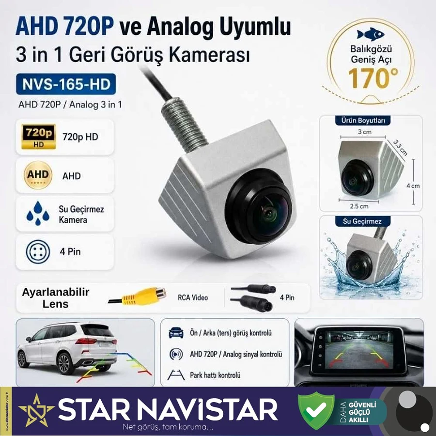 Ayarlanabilir Başlıklı AHD 720P ve Analog Çevrilebilir 170 Derece Geniş Açılı Geri Görüş Kamerası