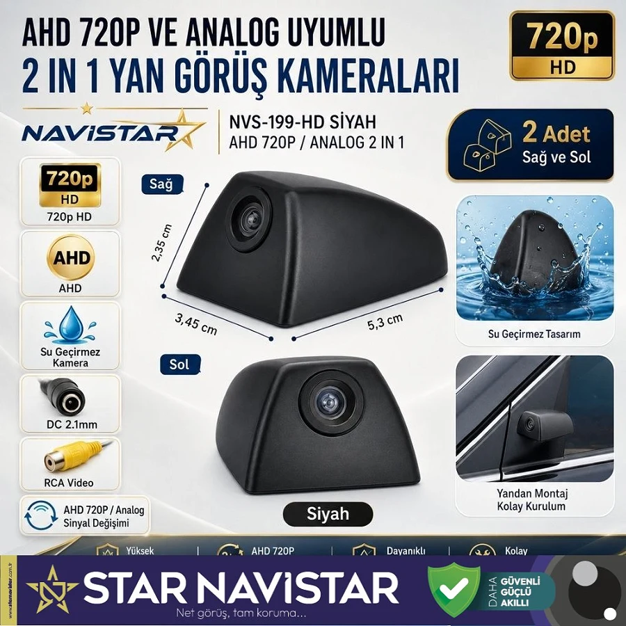 Yan Araç Kamerası AHD 720P ve Analog PAL Mini (Siyah) Özel Tasarım