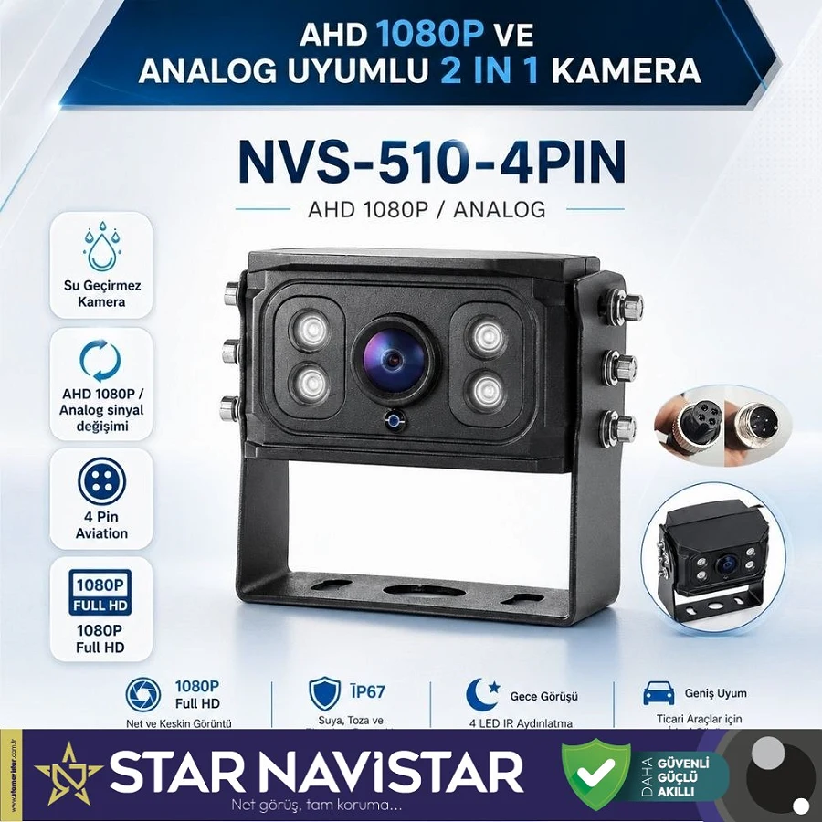 AHD 1080P ve Analog Pal Çevirilebilir 4 Pin Gece Görüşlü Full HD Araç Kamerası