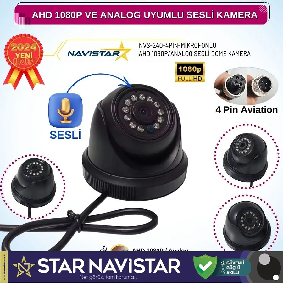 Mikrofonlu AHD 1080P ve Analog Pal Çevrilebilir 4 Pin Plastik Dome Araç Kamerası