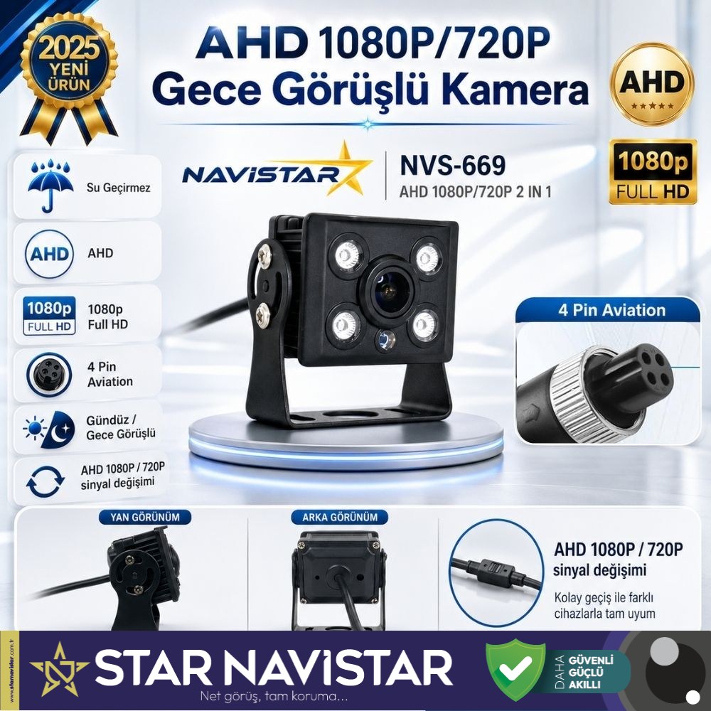 AHD 1080P/720P Orta Boy Gece Görüşlü 4 Pin Soketli Kamyon Tır Otobüs Kamerası