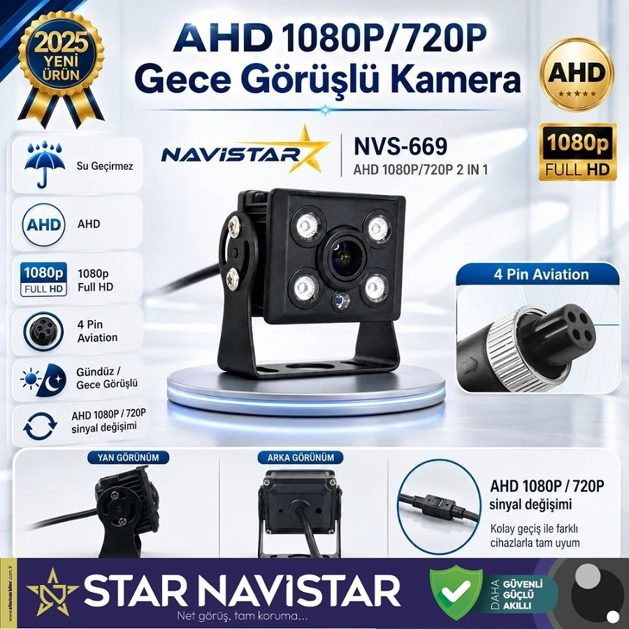 AHD 1080P/720P Orta Boy Gece Görüşlü 4 Pin Soketli Kamyon Tır Otobüs Kamerası