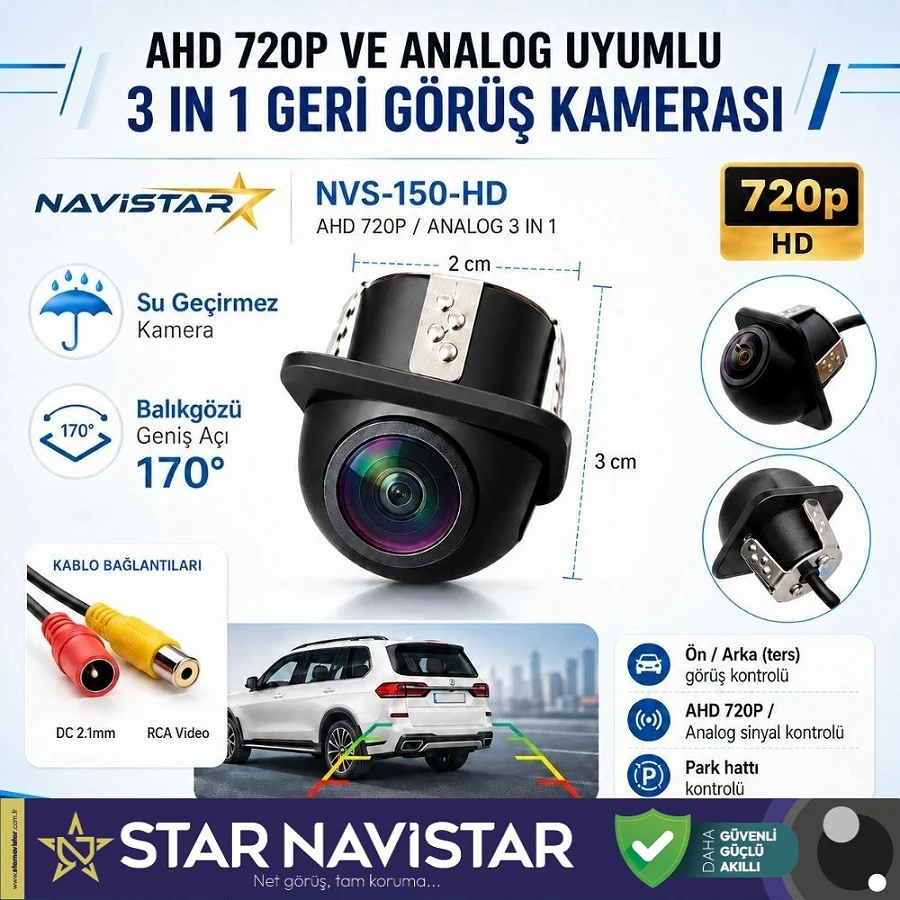 AHD 720P ve Analog Pal Çevrilebilir 170 Derece Balıkgözü Geniş Açılı  Geri Görüş Kamerası