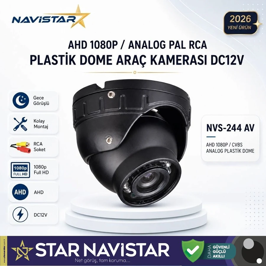 AHD 1080P/Analog CVBS Pal RCA Sarı Soketli Gece Görüşlü Araç İçi Dome Kamera