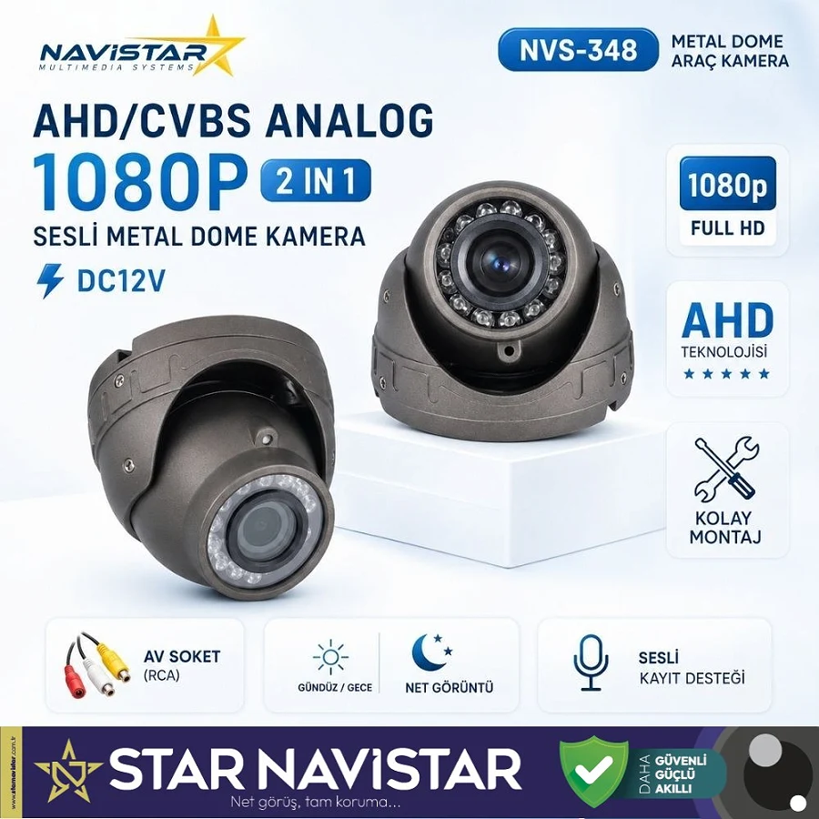 Mikrofonlu AHD 1080P/Analog CVBS Pal Araç içi Metal Dome Kamera RCA Sarı soketli, IR Gece Görüşlü