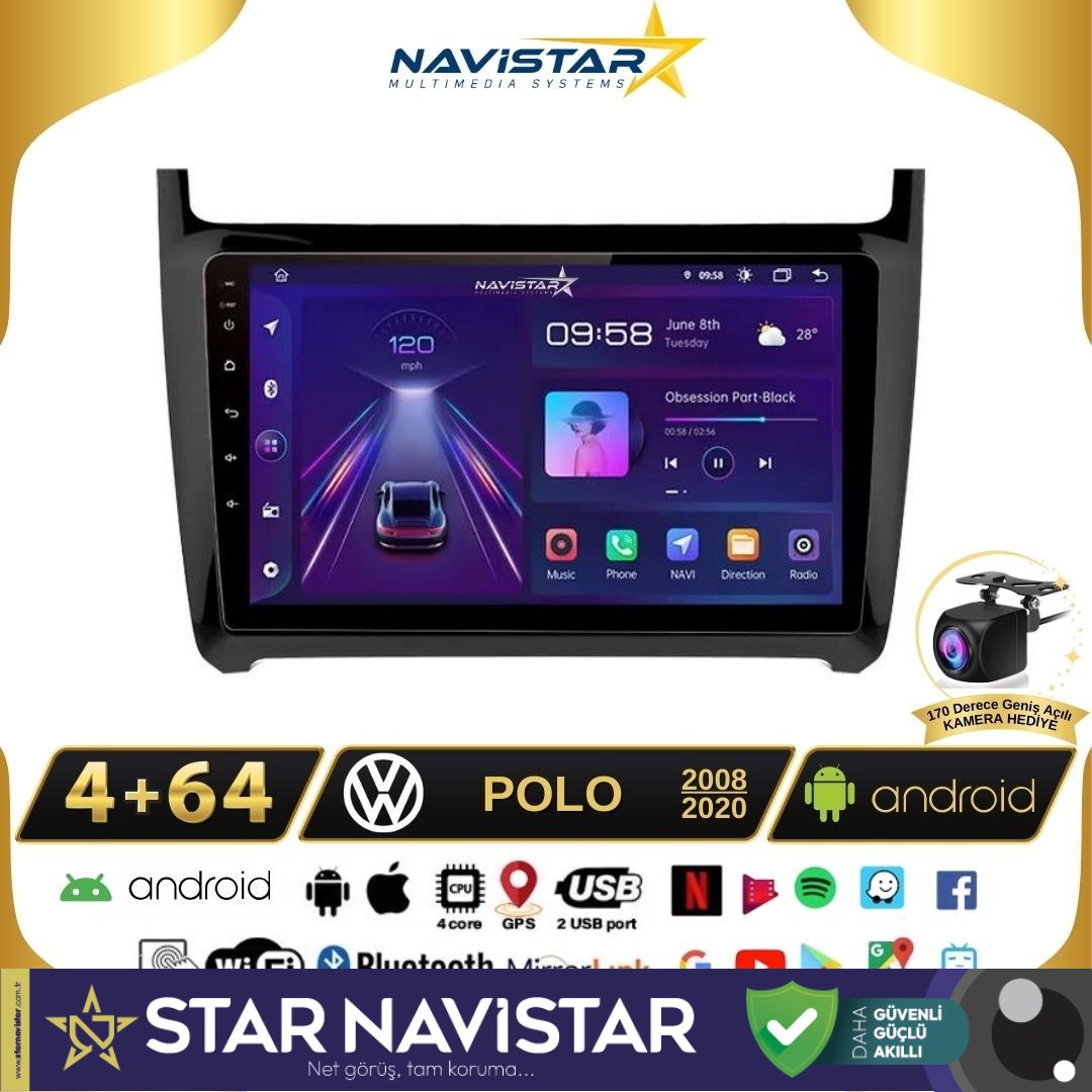 Volkswagen Polo 4GB + 64GB Android 13 Kablosuz Carplay 2008-2020 Navigasyon Multimedya Sistemi