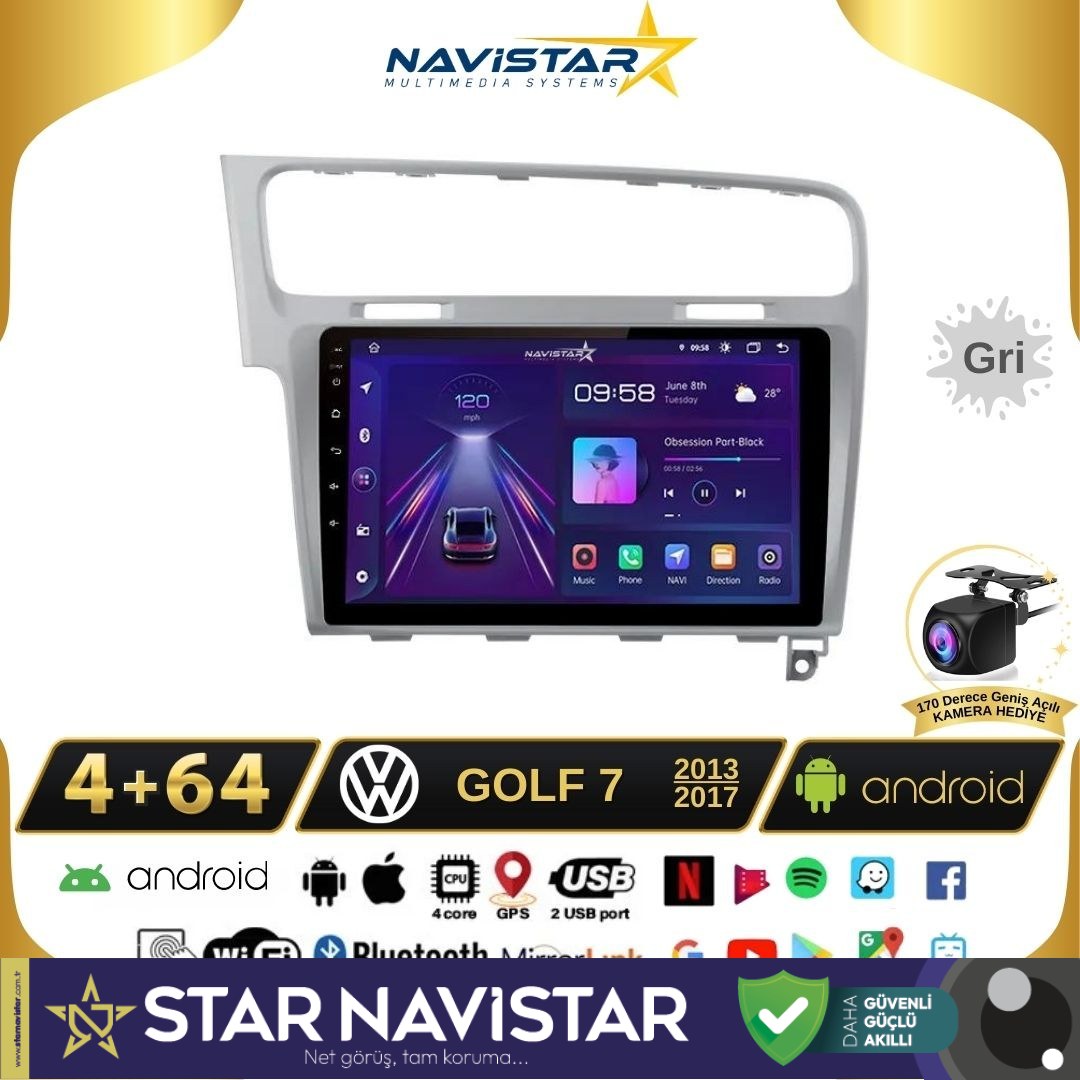 Vw Golf 7 Gri Çerçeve 4GB + 64GB Kablosuz Carplay Android 13 Navigasyon Multimedya Sistemi