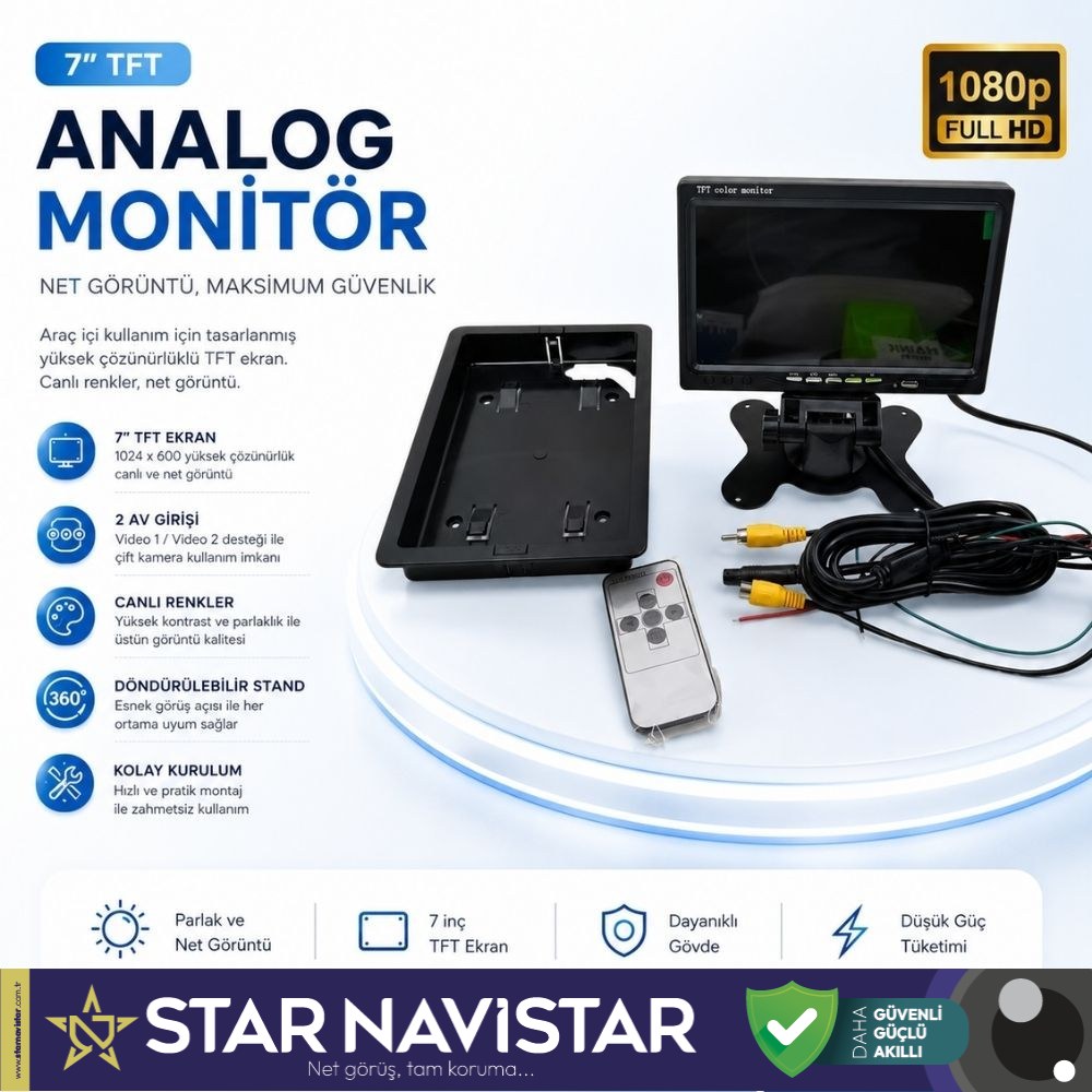 Araç Monitörü 7 Inç Lcd Geri Vites Kamerası Uyumlu 2 Av Video Girişli Ayak Ve Gömme Aparatı Dahil