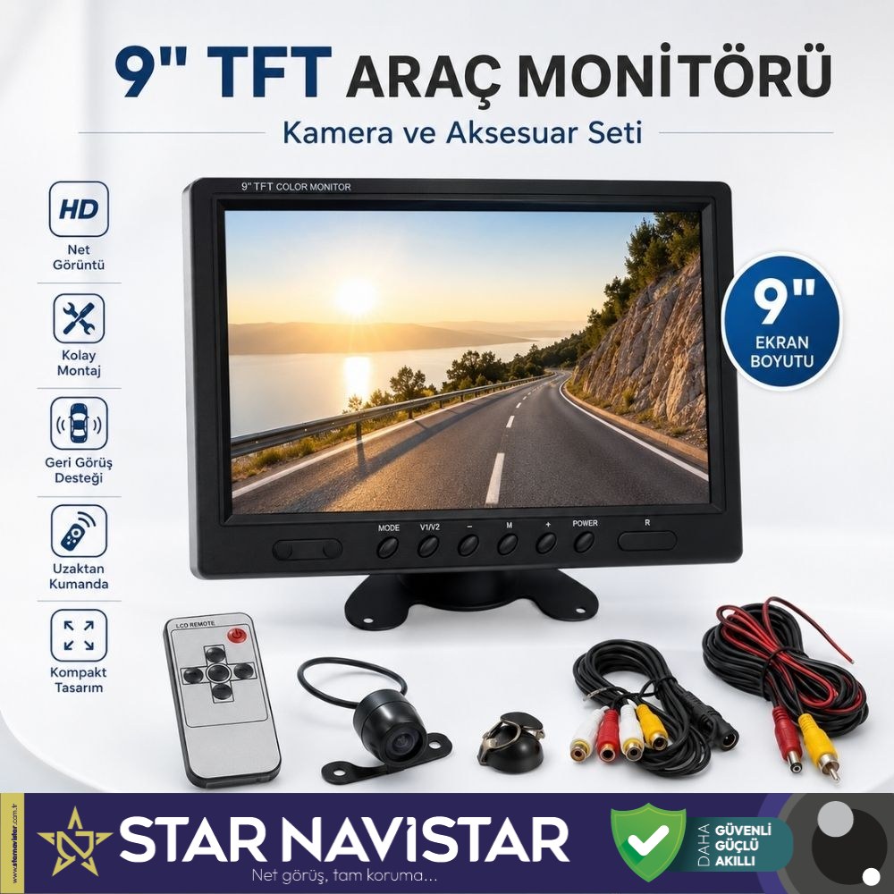 Araç Içi Monitör 9 Inç Büyük Ekran + 1 Adet Kamera Kelebek Ve Tampon Uyumlu Hediyeli