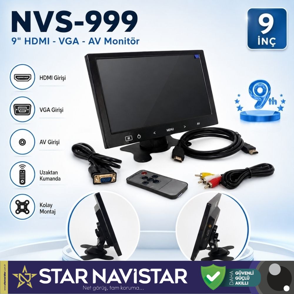 Araç Içi Monitör 9" Vga  Hdmı  Av Girişli Tft Lcd Büyük Ekran