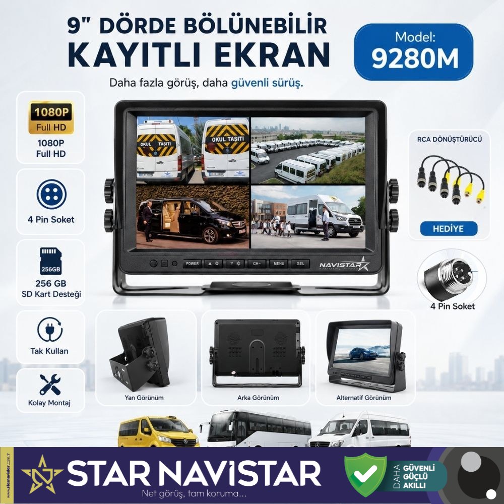 9 inç Kayıtlı Dörde Bölünür Monitör 256Gb Sd Destekli 4 Kamera Takılabilir 4 Pin Soketli