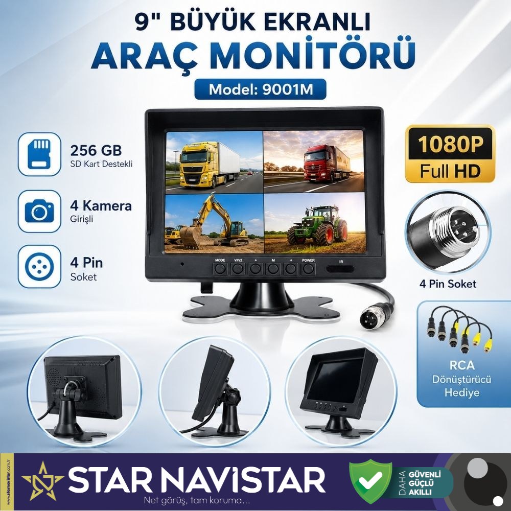 Kayıtlı 9" Monitörlü Ahd 720P/1080P Uyumlu 256Gb Sd Destekli 4Pin Kamera Destekli
