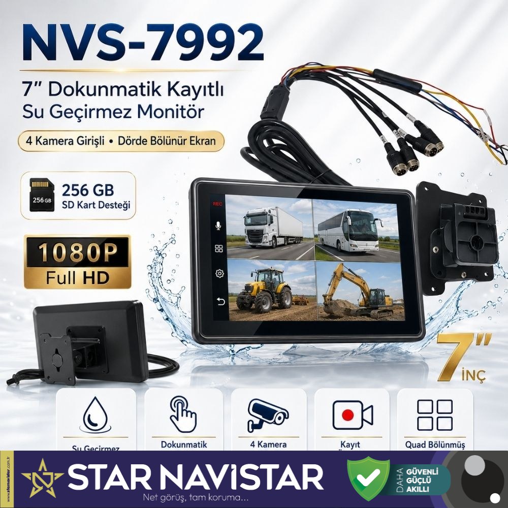 7" Su Geçirmez Dokunmatik Kayıtlı 4 Kamera Girişli 256 GB SD Destekli Monitör