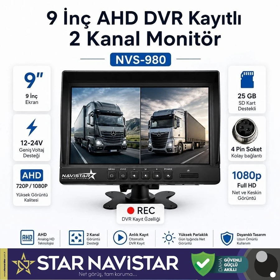 Kayıtlı 9 inç ikiye Bölen 2 Kanal Split AHD 1080P/720P destekli 4 Pin 256 GB SD Destekli Monitör