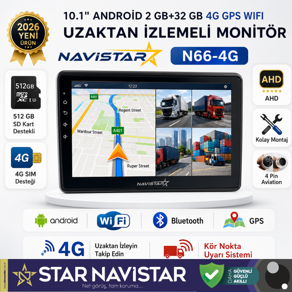 4G Uzaktan izlemeli 4 kanal AHD 720P Android Wifi, GPS, Bluetooth 2 GB + 32 GB ve 512 GB SD Kart Destekli Monitör