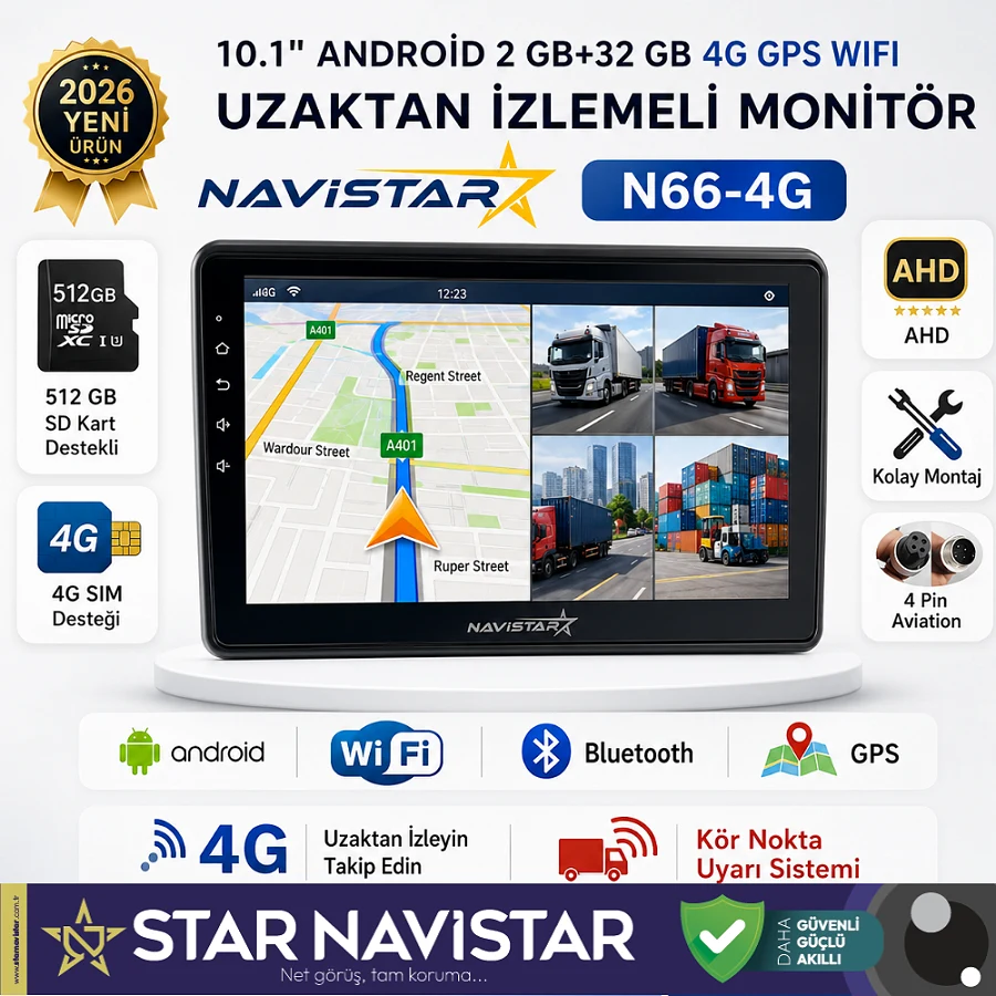 4G Uzaktan izlemeli 4 kanal AHD 720P Android Wifi, GPS, Bluetooth 2 GB + 32 GB ve 512 GB SD Kart Destekli Monitör