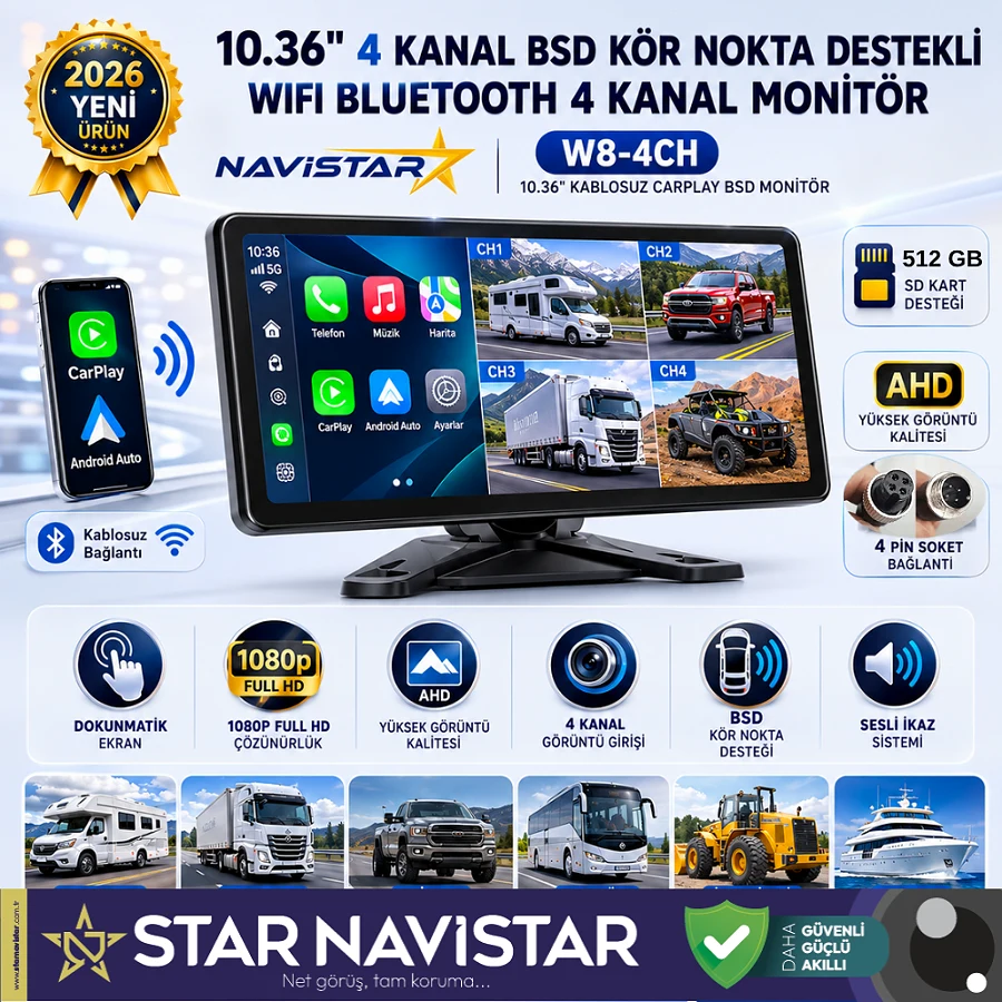 10.36 inç Dokunmatik Monitör Kablosuz Carplay Wifi Bluetooth FM Transmitter 256 GB Destekli Tak Kullan