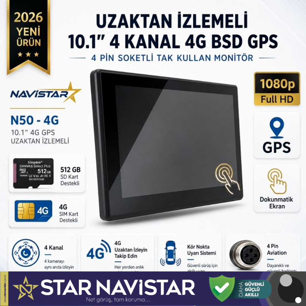 Uzaktan izlemeli 10.1 inç Dokunmatik 4 Kanal 4G GPS BSD Kör Nokta Uyarı Sistemli Monitör