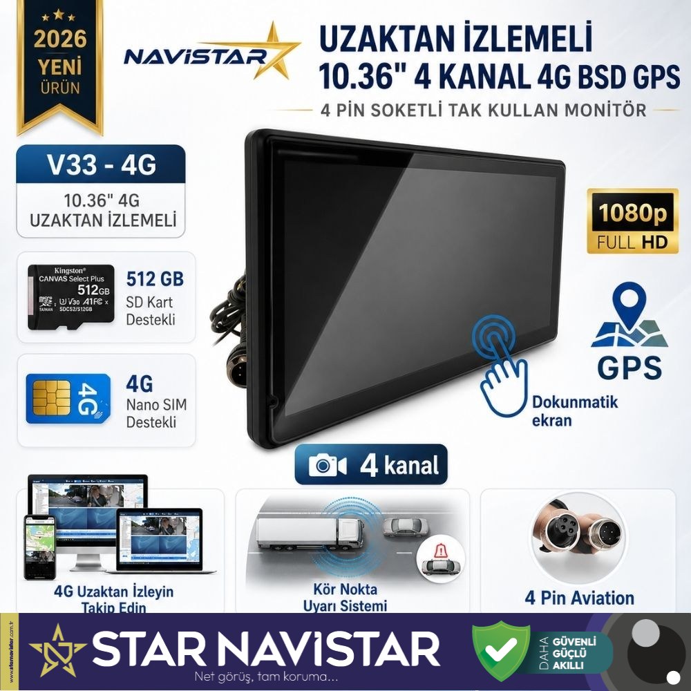 Uzaktan izlemeli 10.36 inç Dokunmatik 4 Kanal 4G GPS BSD Kör Nokta Uyarı Sistemli Monitör