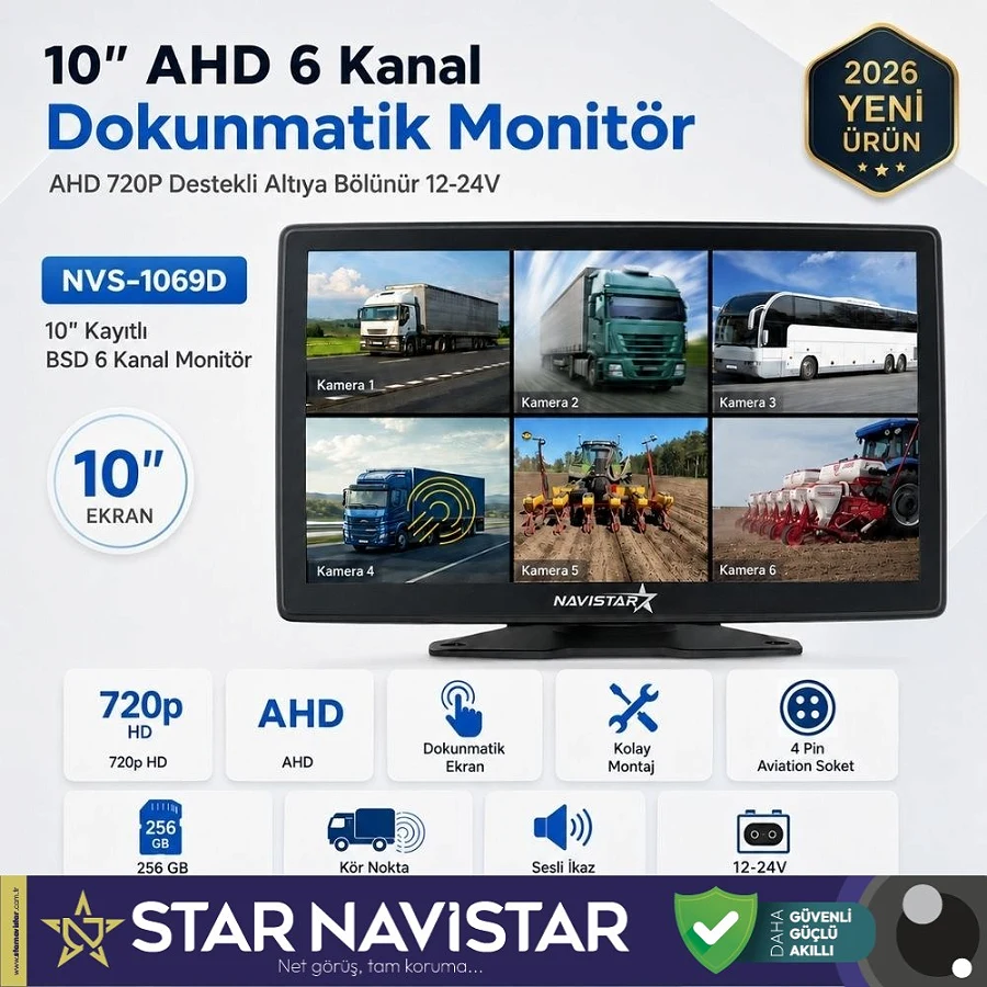 10 inç 6 Kanal Dokunmatik AHD 720P Kayıtlı Araç Monitörü 12-24V