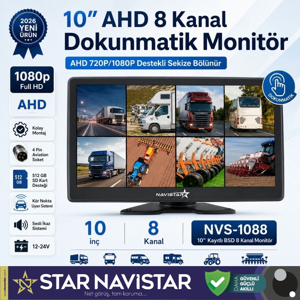 10 inç 8 Kanal Dokunmatik AHD 1080P/720P Kayıtlı Araç Monitörü 12-24V