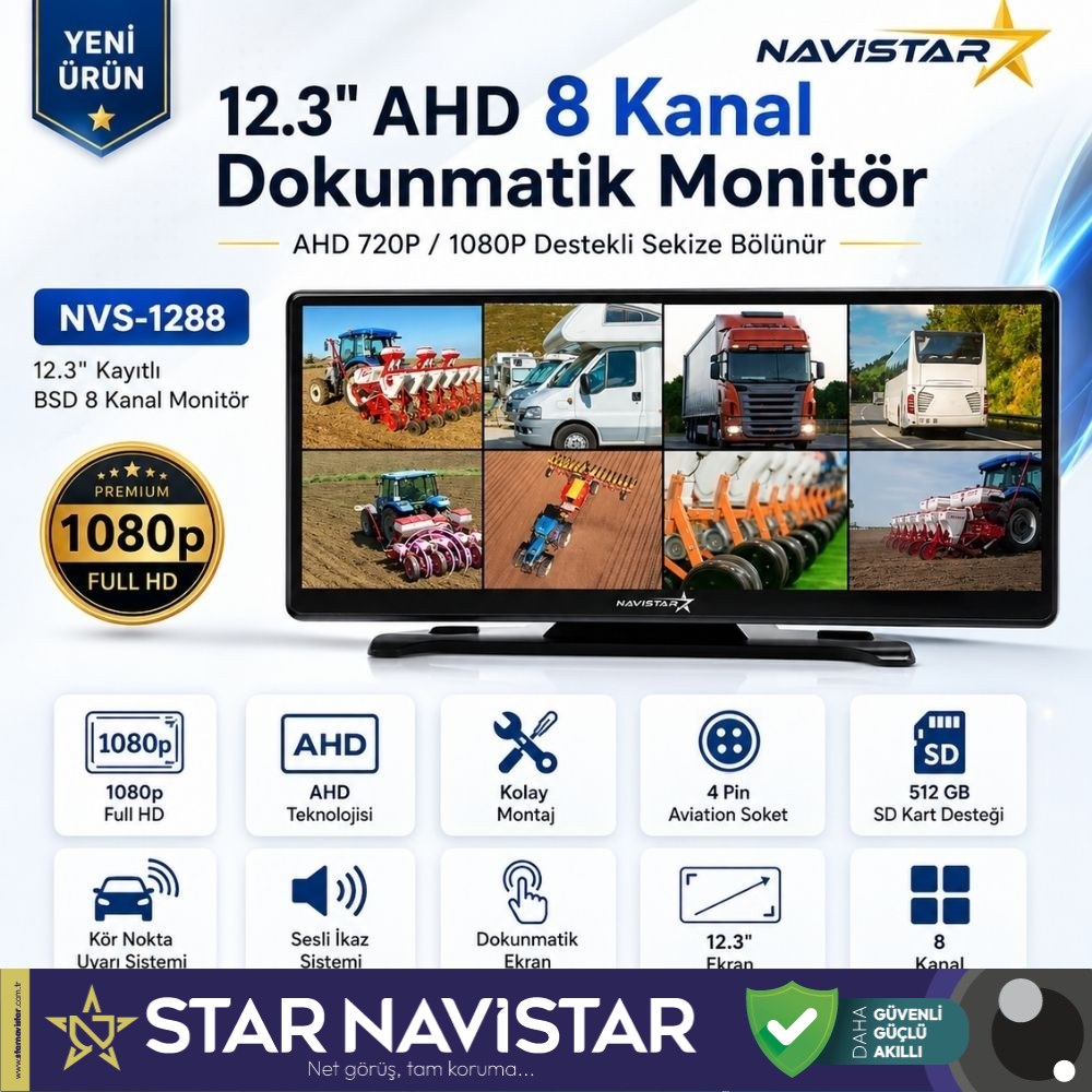 12.3 inç 8 Kanal Full HD AHD Geniş Ekran Dokunmatik Kayıtlı Araç Monitörü 12-24V