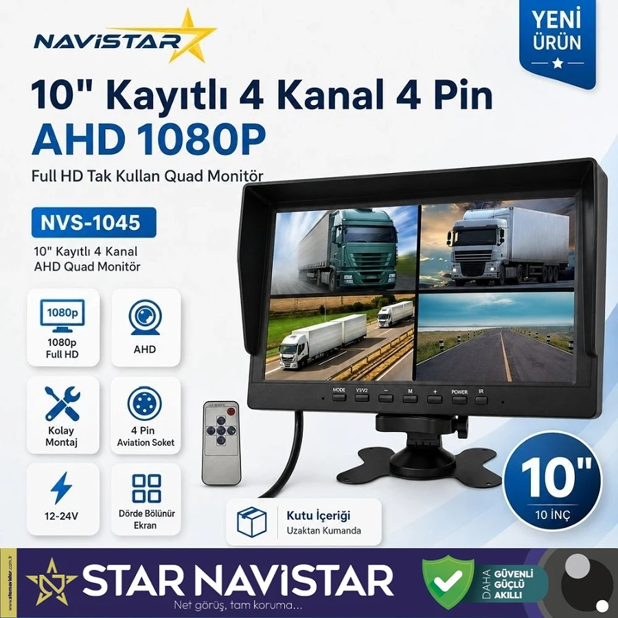 Kayıtlı 10 inç 4 Kanal Full HD Tak Kullan Quad AHD Analog Uyumlu Araç Monitörü 12-24V