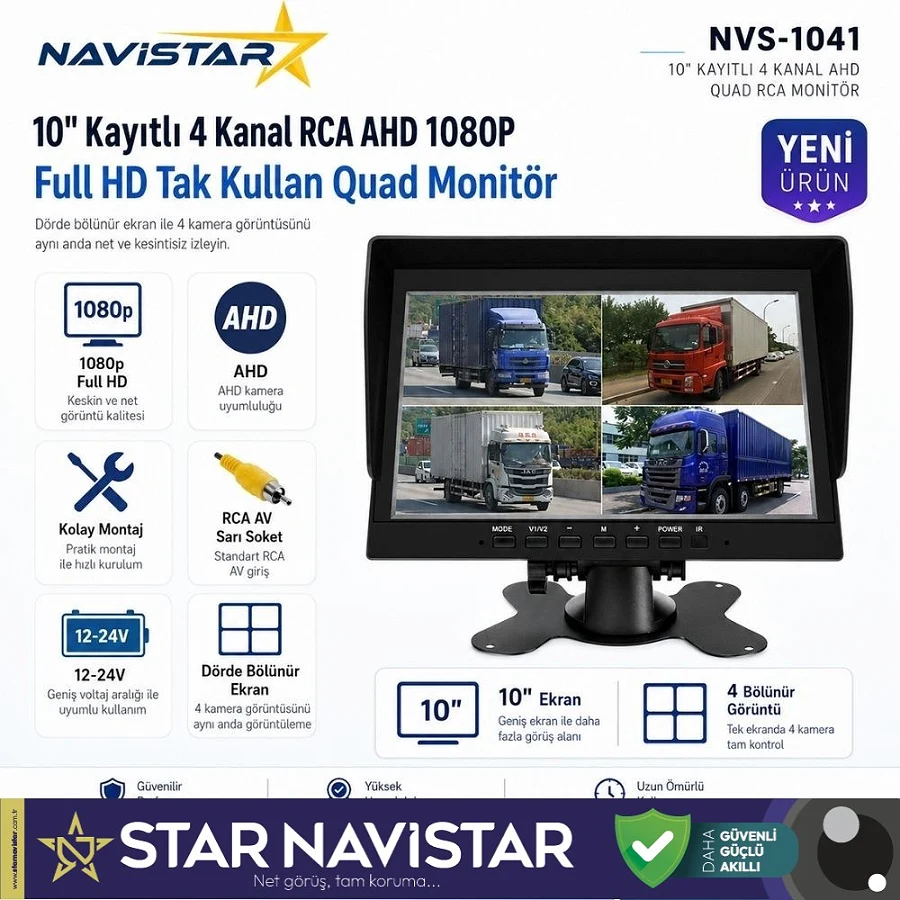Kayıtlı 10 inç 4 Kanal Full HD Tak Kullan Quad AHD Analog Uyumlu RCA AV Araç Monitörü 12-24V