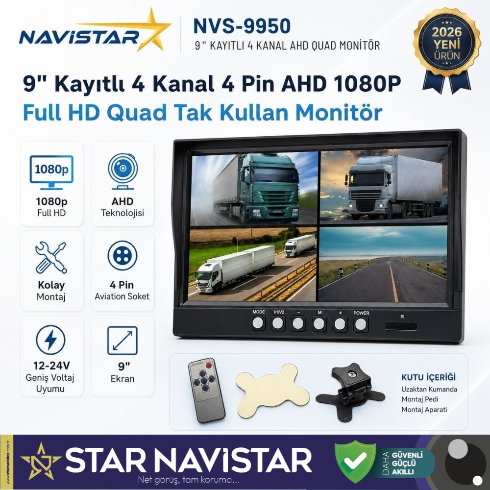 Kayıtlı 9 inç 4 Kanal Full HD AHD Analog Uyumlu Quad Araç Monitörü 12-24V