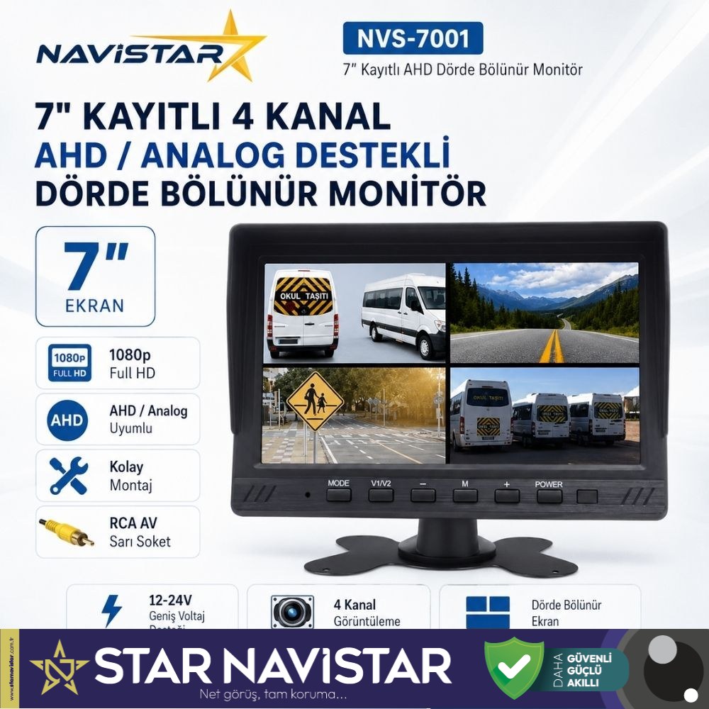 Kayıtlı 7 inç AHD Analog 4 Kanal Full HD Quad Araç Monitörü RCA Bağlantılı 12-24V