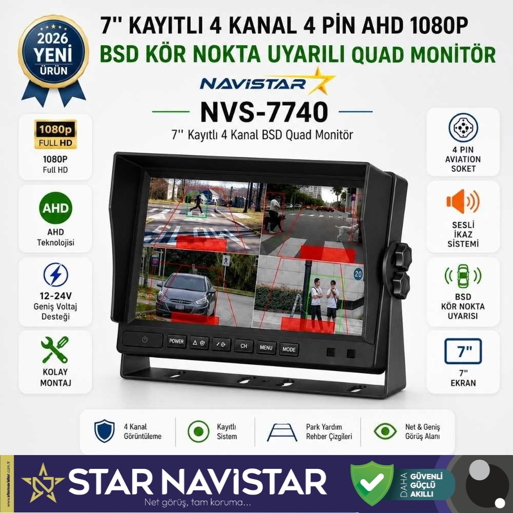 7 inç 4 Kanal Full HD BSD Kör Nokta Uyarılı AHD Quad Araç Monitörü Aktif Nesne Algılama + Sesli İkaz 12-24V