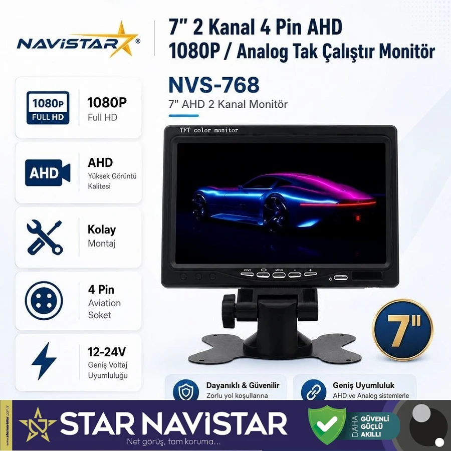 7 inç 2 Kanal Full HD AHD/Analog Tak Kullan Araç Monitörü Ayna Görüntüsü Ayarlı + Park Çizgisi 12-24V