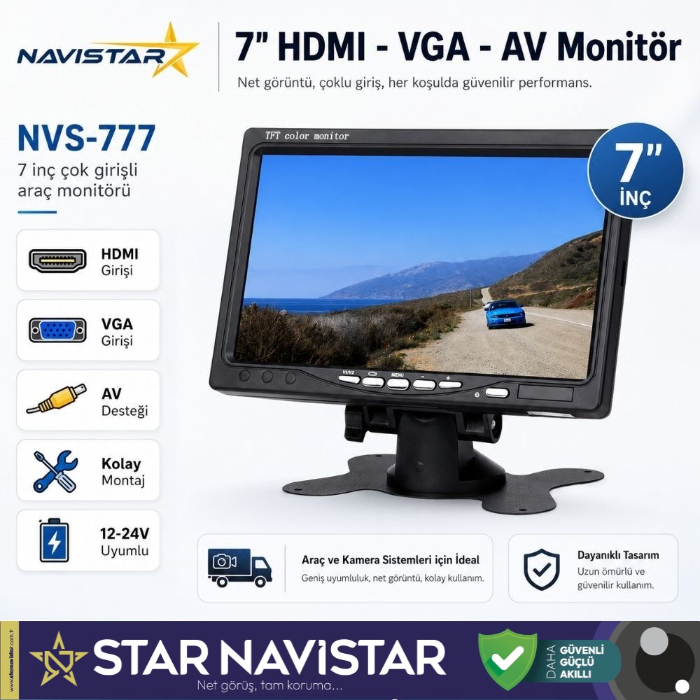 7 inç HDMI / VGA / AV Çok Amaçlı Araç ve Taşıt Monitörü Üç Giriş, Her Cihaza Uyumlu 12-24V