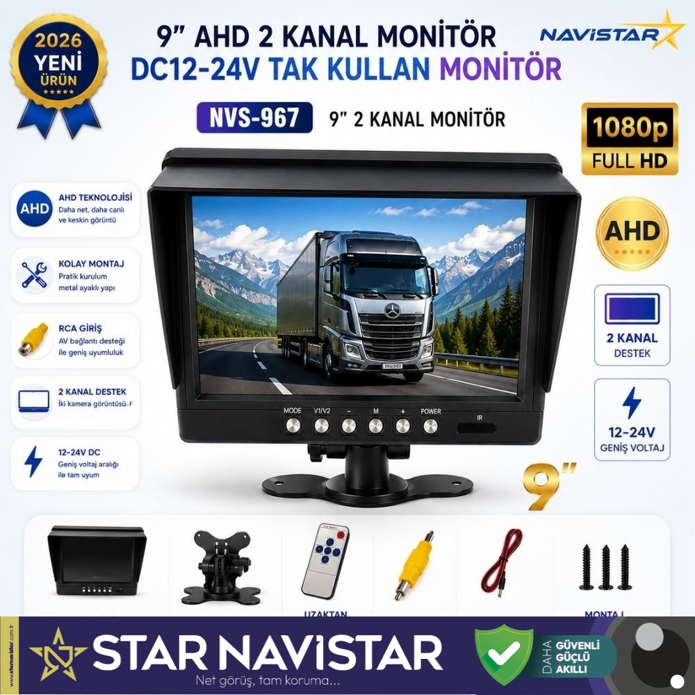 9 inç Şapkalı 2 kanal AHD RCA Sarı Soketli Araç Monitörü 1080P 720P Analog Destekli DC 12-24V