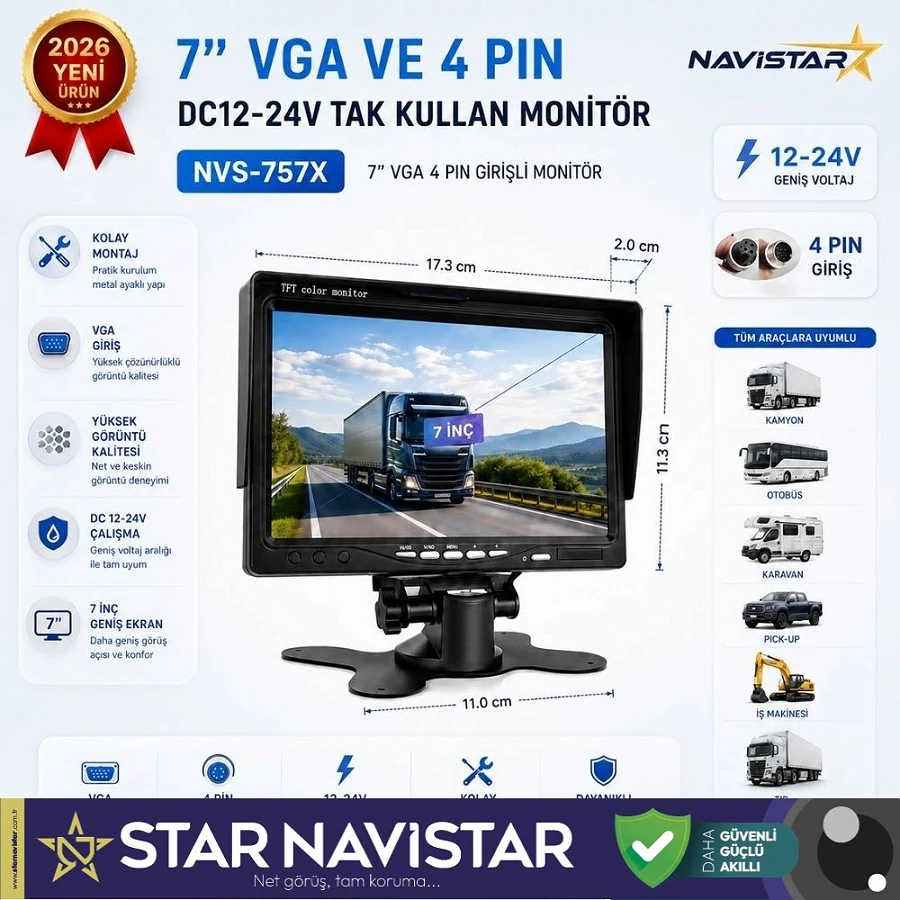 7 inç Vga ve 4 Pin girişli Araç Monitörü Mobil DVR Uyumlu 12-24V