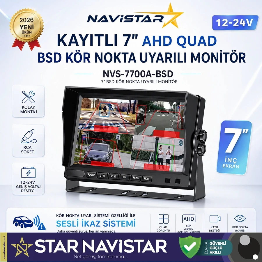 7 inç Kayıtlı AHD Quad Araç Monitörü - Sesli BSD Kör Nokta Uyarılı, 12-24V, RCA Soketli
