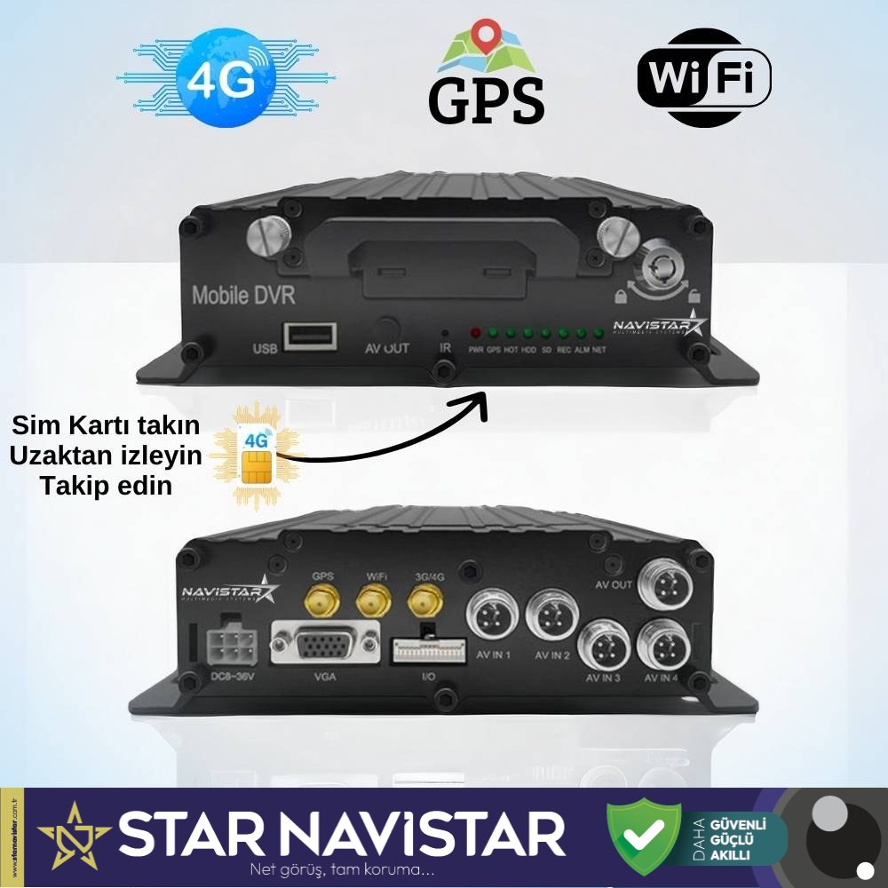 Uzaktan izlemeli 4 Kanal 1080P GPS 4G WIFI  B6204 Profesyonel HDD/SD Mobil DVR Kayıt Cihazı
