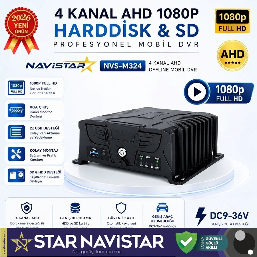 Profesyonel 4 Kanal AHD Mobil DVR Kayıt Cihazı - 1080p, 10TB HDD + 512GB SD Desteği, G-Sensör