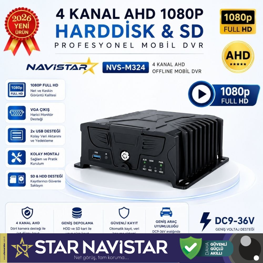 Profesyonel 4 Kanal AHD Mobil DVR Kayıt Cihazı - 1080p, 10TB HDD + 512GB SD Desteği, G-Sensör