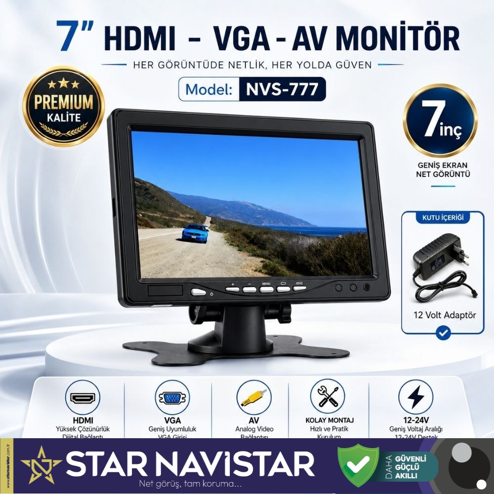 Güvenlik Kamera Monitörü 7" Ekran Hdmi Vga Av Girişli Lcd Ekran 4 Kanal