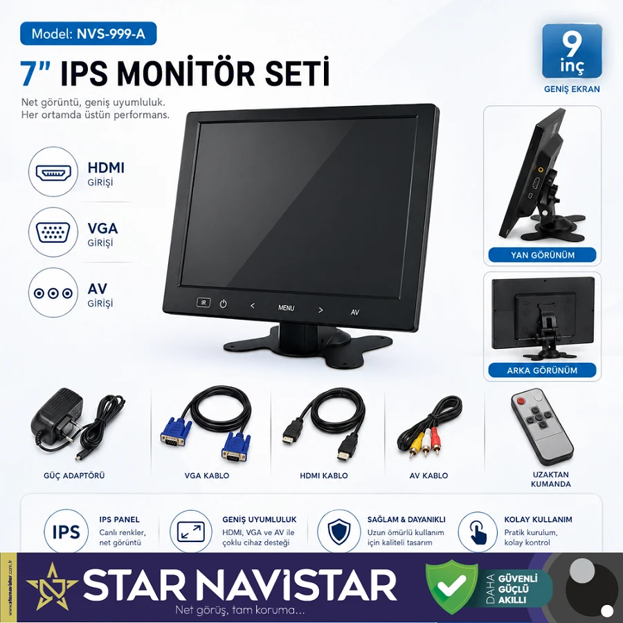 Güvenlik Kamera Monitörü 9" Ekran Hdmi Vga Av Girişli Lcd Ekran 4 Kanal
