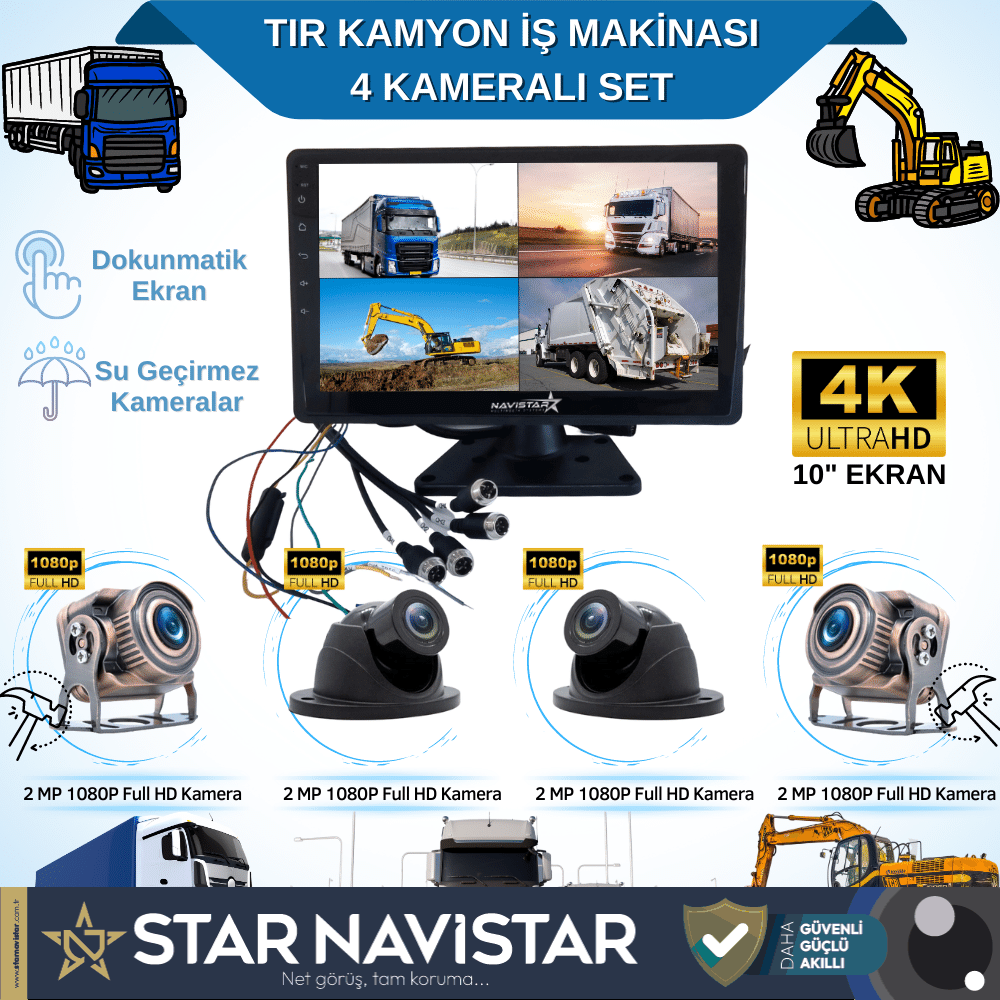 4 Kameralı 10 Inç Dokunmatik Ekranlı 256 Gb Sd Destekli Tır Kamyon İş Makinası Tak Kullan Kamera Seti