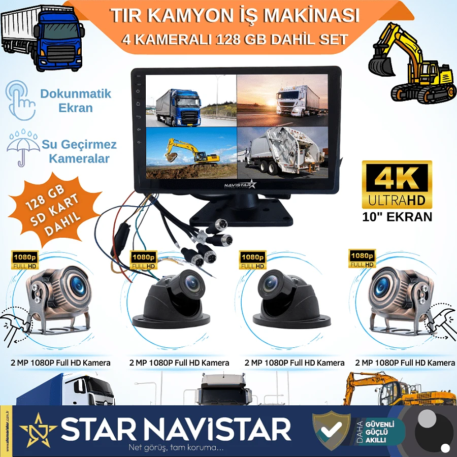 Tır Kamyon 4 Kameralı 10 Inç Dokunmatik Ekranlı 128 Gb Sd Kart Dahil Tak Kullan Kamera Seti