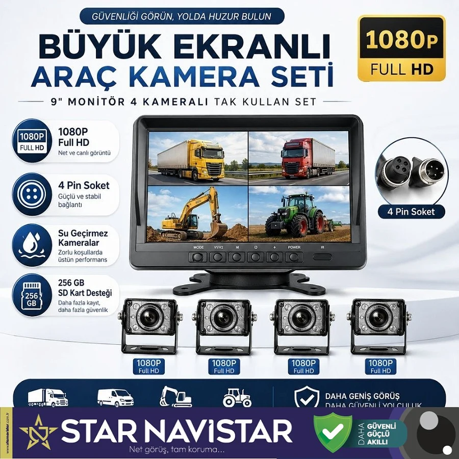 Kayıtlı 9" Monitörlü Ahd 1080P 4 Kameralı 256Gb Sd Destekli 4Pin Tak Kullan Kamera Seti