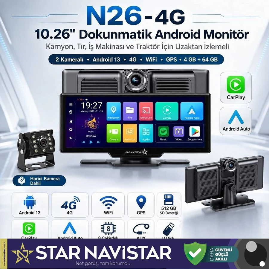 Kamyon Tır için Kayıtlı 2 Kameralı Android 13 WIFI GPS 4G Uzaktan izlemeli 4 GB + 64 GB Carplay 512 GB Destekli Tak Kullan Kamera Seti