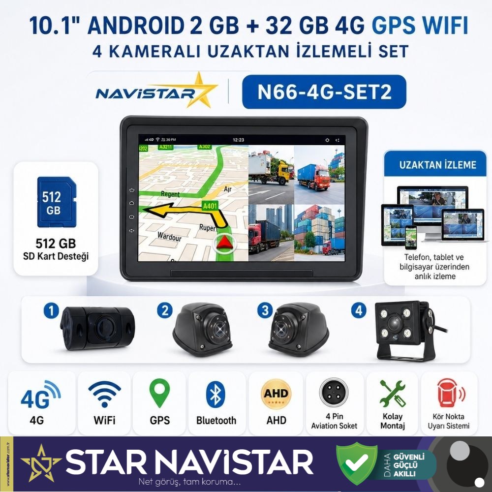 4G Uzaktan izlemeli 10 inç Android, 4 Kameralı, Wifi, GPS, Bluetooth 2 GB + 32 GB ve 512 GB SD Kart Destekli Set