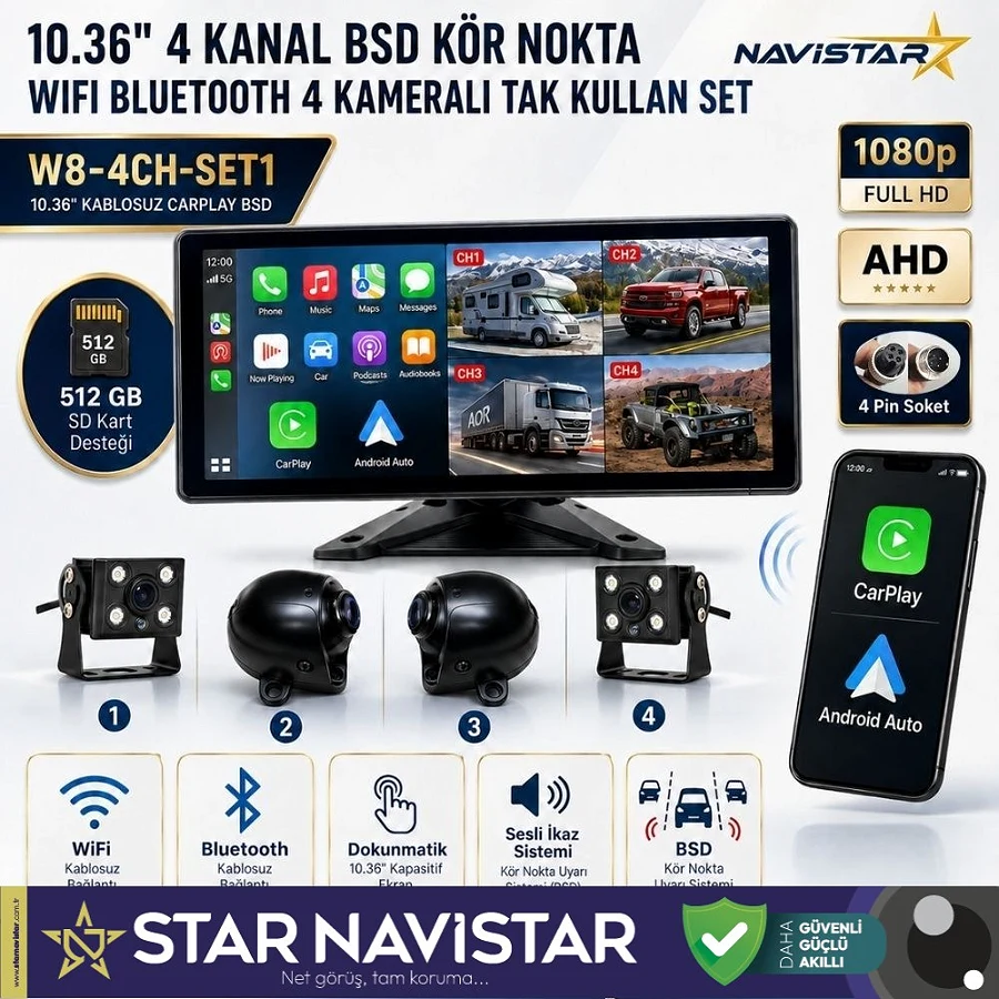 10.36 inç 4 Kameralı 1080P Kablosuz Carplay Wifi Bluetooth Fm Transmitter Tak Kullan Kamera Seti