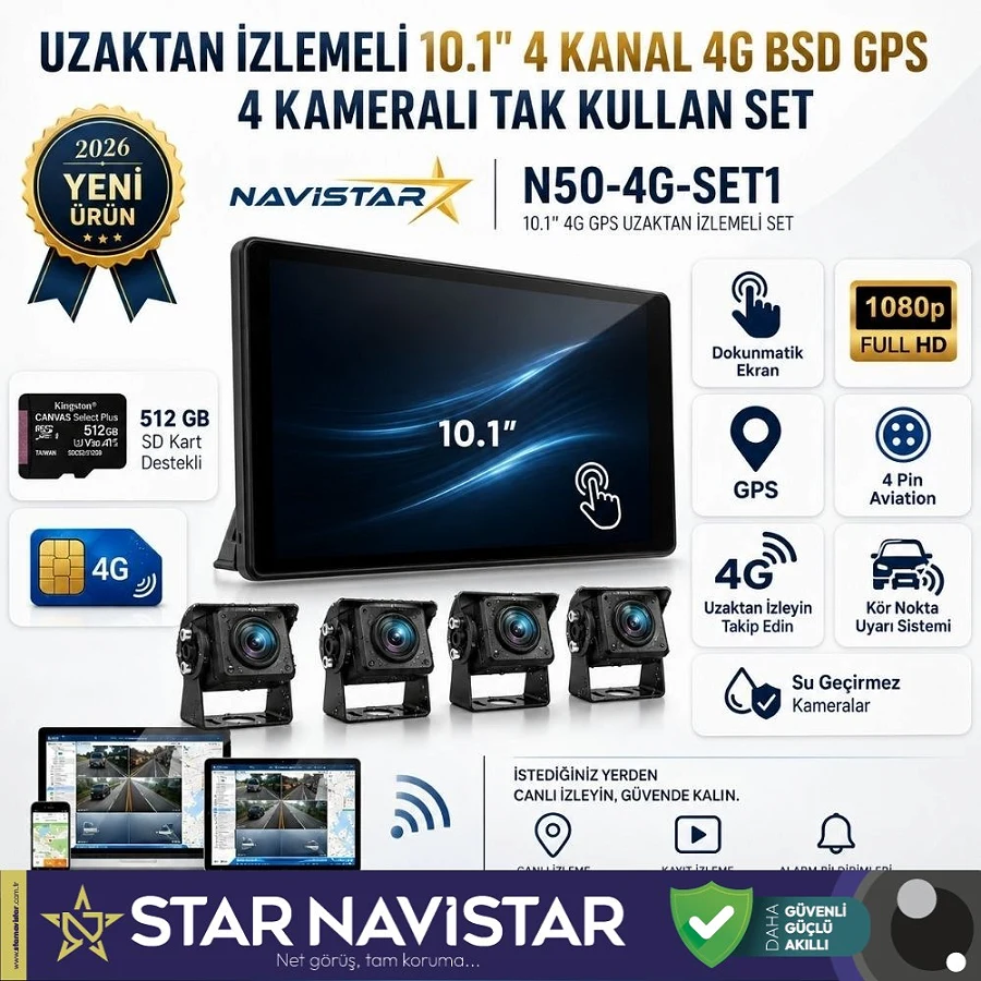 Uzaktan izlemeli 10 inç 4 Kanal 4G GPS BSD Kör Nokta Uyarı Sistemli Profesyonel Araç Kamera Seti