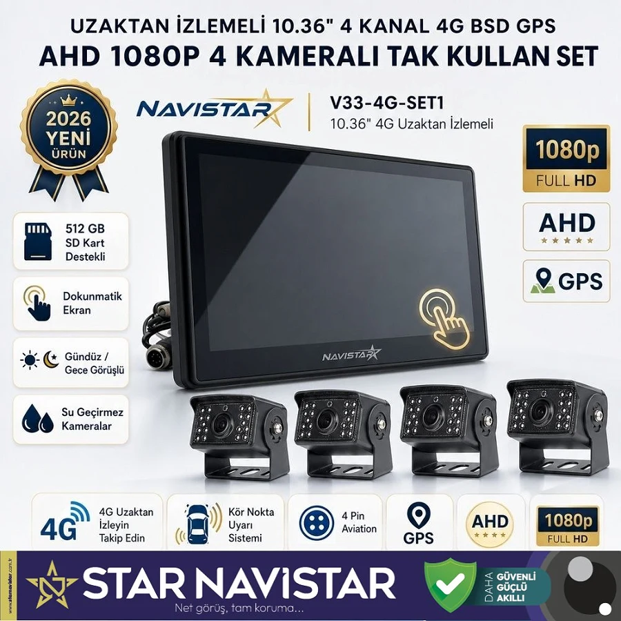 Uzaktan izlemeli 10.36 inç 4 Kanal 4G GPS BSD Kör Nokta Uyarı Sistemli Profesyonel Araç Kamera Seti